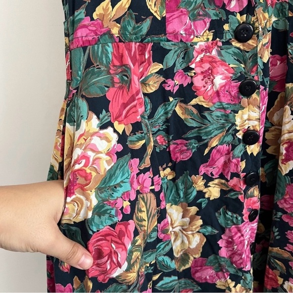 Vintage 90s Floral Button Front Dress Starina Medium Black Fit Flare Cottagecore - Picture 6 of 11